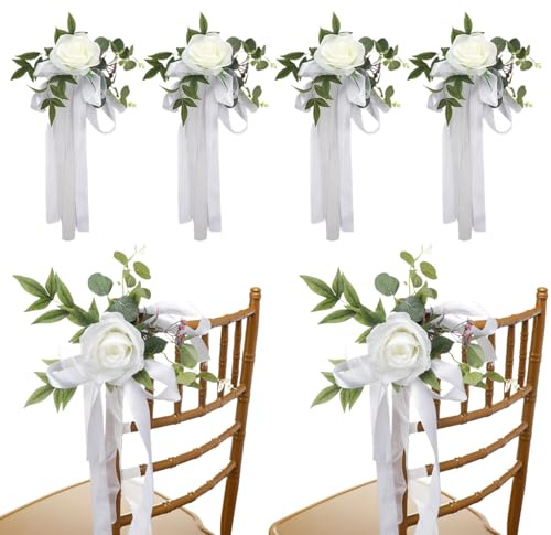 Jorzer 6Pcs Wedding Aisle Rose Decor Pew Arrangements with Leaves & Ribbons Artificial Blooms for Ceremony Party Chair Church Bench White