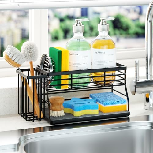 SWTYMIKI Kitchen Sink Caddy Organiser - 2 Tier Sponge Holder for Kitchen Sink with Instant Drying Stone, Removable Brush Holder & Sponge Holder for Sink Tidy, Fast Drying Countertop Storage, Black