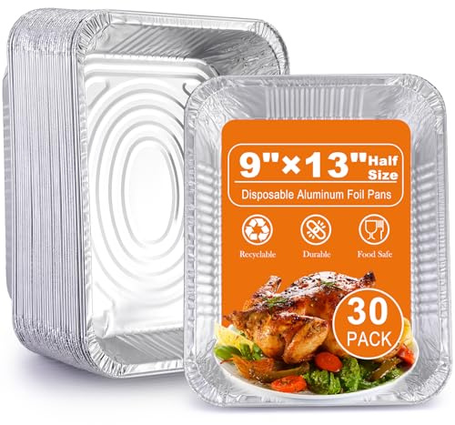 Aluminum Foil Pans 9x13 Disposable – 30 Pack Half Size Aluminum Foil Heavy Duty deep Steam Table Pan, Tin foil Turkey Sheets Tray Chafing Grill Accessories for Cooking, Baking, Storing, Food Prepping