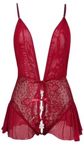 HOTSO Femme Babydoll One-Piece Lingerie Transparente Body Dentelle sous Vêtements Ouverte Décolleté en V Dos Nu Licou Teddy Nuisette Avec des perles Tenue Sexy Hot Jumpsuit Bodysuit