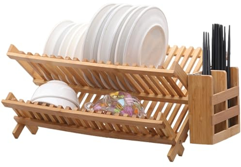 Yaoliucp Draining Board Rack, 20 Slots 2 Tier Dish Drainer Rack with Utensil Holder, Hollow-out Bamboo Wooden Plate, Collapsible Draining for Kitchen