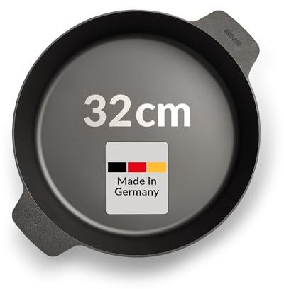 STUR Gusseisenpfanne 32 cm mit 2 Griffen, Grillpfanne, Cast Iron Pan | extra große Bratfläche, für alle Herdarten, kratzfest, Antihaft-Beschichtung, PFAS-frei, Made in Germany