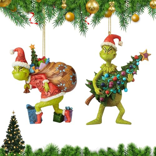 KBIBCK 2 Stück Grin-ch Weihnachtsschmuck, Weihnachtsbaumschmuck, G-rinch Hängende Ornament, Weihnachtsbaumschmuck-Anhänger, lustige Harzanhänger für Zuhause, Feiertage, Partys, Grünhaariges Monster