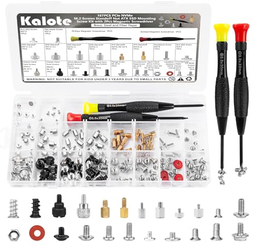 Kalote 167PCS Computer Screw Kit, Carbon Steel Nickel-Plated Laptop PC Screws Assortment with M.2 SSD Screws, Motherboard Standoffs, HDD Case Fan Screws & 2PCS Magnetic Screwdrivers