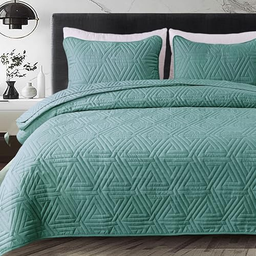 Whale Flotilla Copriletto reversibile 260 x 280 cm, con 2 federe in microfibra, morbido e leggero, trapuntato ad ultrasuoni con motivo geometrico, per tutte le stagioni, verde turchese