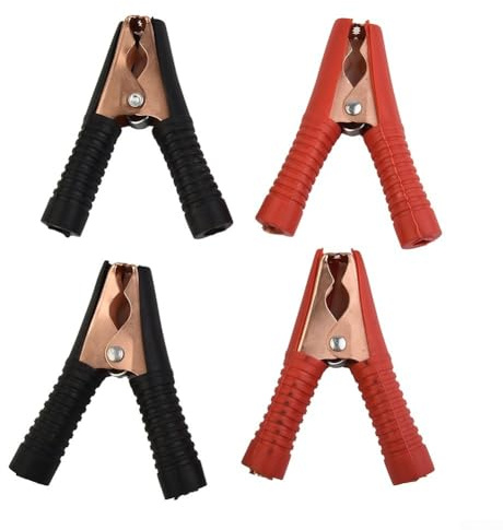 Zilimontt 4 pinzas eléctricas de cocodrilo de 100 A con funda de PVC aislada y mandíbulas chapadas en cobre, abrazaderas de batería resistentes para pruebas y soldadura de baterías de coche