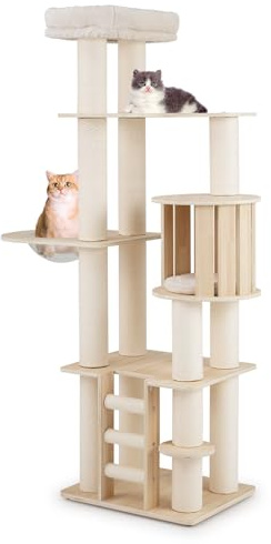 COSTWAY 185 CM Árbol Rascador para Gatos de Madera, Torre Rascador Multinivel para Gatitos Sólida con Condominio, Percha, Postes Rascadores, Escalera, Castillo Gatos de Múltiples Niveles, Natural