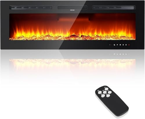 GarveeMore Electric Fireplace, 50 Wall Mounted Electric Fire with LED Flame Effect, Media Wall Fireplace with 12 Flame Colors, Log and Crystal Effects, Digital Thermostat, Timer Function