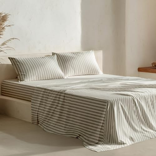 GAMUSI Juego de sábanas Rayas Cama 180 x 190/200, 100% Algodón, 4 Piezas, Transpirable, Suaves, Color Verde