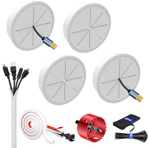 Shackcom Pack de 4 Pasacables con Sierra de Corona de 60 mm para TV de Pared y Escritorio, Kit de Gestión de Cables con 3 m de Manguera y 2 m de Canal Autoadhesivo, Blanco – Organiza tus Cables