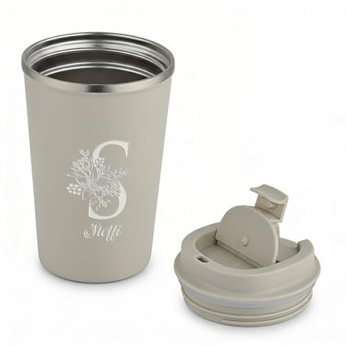 LIEBTASTISCH - Personalisierte Thermobecher mit Spruch Blumen Buchstabe S - Geschenkidee - Kaffeebecher - Trinkbecher - Edelstahl - doppelwandig - vakuumisoliert - Geschenk für Frauen - Sandstone