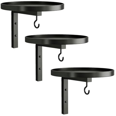Wandbehang Pflanzenregal 3er Set, Pflanzenhalter mit Ablage und Haken | Platzsparend & Einfach zu Montieren, Blumenständer für Balkon Wohnzimmer Terrasse, Schwarz