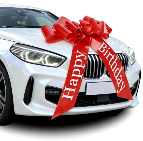 Modurio 30 Zoll Große Rote Schleife für Auto, Riesen Geschenkschleife Groß Happy Birthday | Riesige Autoschleife - Wiederverwendbar mit Zugschnur - für Geburtstagsgeschenke, Hochzeit, Auto, Fahrrad, DIY