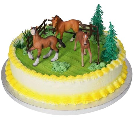 Cake Company Pferde Tortendeko zum Geburtstag und Kindergeburtstag | 3 schöne & hochwertige Pferde - PVC-frei, 4 Zäune & 2 Bäume als Tortendekoration | Kuchen und Torten schnell und einfach dekoriert