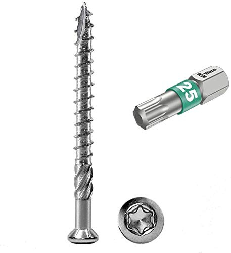 Terrassenschrauben 5 x 60 T-INOX 200 Stück Edelstahl gehärtet C1, Torx 25, inkl. Edelstahl Bit