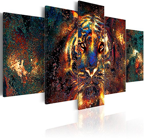 B&D XXL Acrylglasbild Abstrakt 200x100 cm 5 Teilig Wandbild auf Acryl Glas Bilder Kunstdruck Moderne Wanddekoration - Tiger Gesicht Tier Textur bunt g-B-0024-k-p