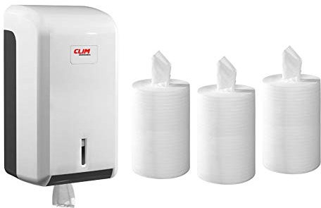 Dispensador de Papel secamanos y 3 Rollos de Papel secamanos minimecha de 2 Capas Liso con precorte y de 100% Pasta Virgen de celulosa. Especial para comercios, oficinas y Empresas