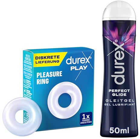 Durex Penisring + Gleitgel auf Silikonbasis für langanhaltende Gleitfähigkeit und längeres Vergnügen mit 1x Durex Pleasure Penisring + 1x Durex Play Perfect Glide 50ml
