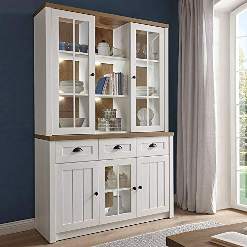 Lomadox Landhaus Buffetschrank Küchenbuffet in Pine weiß mit Eiche hell, inkl. Beleuchtung