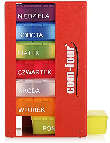 COM-FOUR® Medikamentendosierer auf POLNISCH, Medikamenten-Box für 7 Tage | 3 Fächer - Pillendose - Pillenbox - Tablettenbox - Wochendosierer zur Aufbewahrung [POLNISCH]