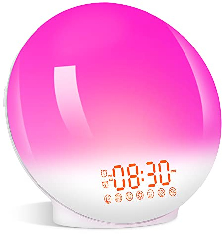 Locmair Lampe de Chevet Réveil Lumineux Réveil Simulateur d'Aube 7 Couleurs 20 Niveaux Luminosité 7 Sons Naturels Radio FM Double Alarme Veilleuse Enfant Rouge