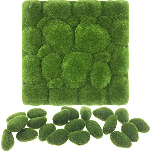 NA Woohome Mousse Artificielle Rocks Décoratifs, 1 Pack 30 x 30CM Tapis de Mousse Fausse Herbe de Mousse Artificielle et 20 PCS Artificielle Moss Rocks pour La Décoration, Jardins de Fées