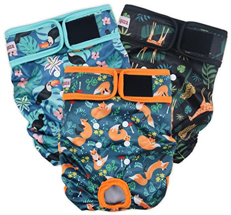 Fuz Bigaza Washable Dog Diapers (3 Pack), Reusable Dog Diapers for Doggie Heat Period, Reusable Doggie Diaper for Female Dogs (Giraffe, Tucan, Fox, XX-Large)