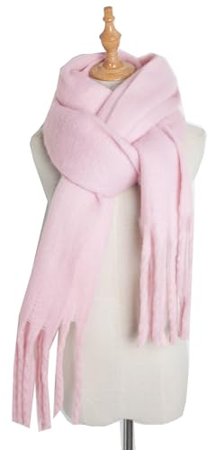 Duories Winter Gestrickte Damen Schal,Warme Fransen Quasten Winterschal Deckenschal Langschal Herbstschal Strickhalstuch Extra Weiche Länge Dickes Umschlagtuch Poncho Schals Scarf Strickschal,Rosa