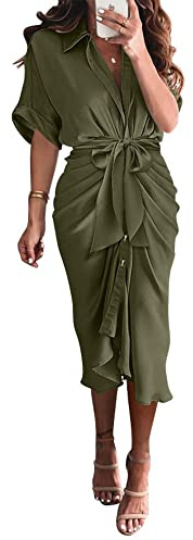 BTFBM Dresses for Women Summer Button Short Sleeve Silk Satin Ruched Spring Maxi Dress 2026 Cocktail Party Wedding(Army Green, Small)