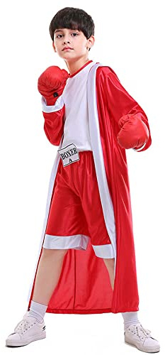 YEMYIQZ Boxing Costume For Kids Boy Hooded Robe Short Jumpsuit Halloween Costume Cosplay Boxer Fancy Dress Party