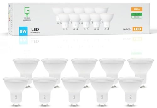 NUOVA GERMANY Lampadine LED GU10, 8W Equivalenti a 100W, Lunga durata, Basso consumo, adatte per illuminazione case da incasso certificate CE, Non dimmerabile, 10 Pezzi (6000K Luce Fredda)