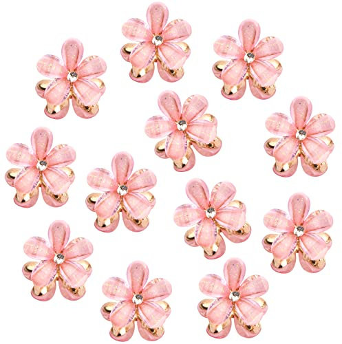 Xzeemo 12 Pcs Mini Pinces à Cheveux, Pince à Cheveux avec Des Fleurs, Mini Barrette Clip en Métal, Mini Clips de Griffe, Petites Pinces à Cheveux Antidérapantes pour Femmes Filles FêTe Mariage (Rose)