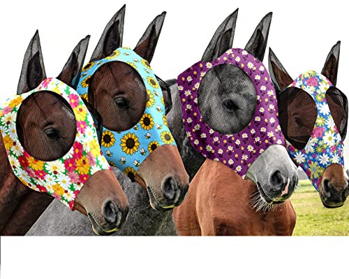 Frienda 4 Pcs Horse Fly Mask with Ears Mesh Comfort, Flower, Large