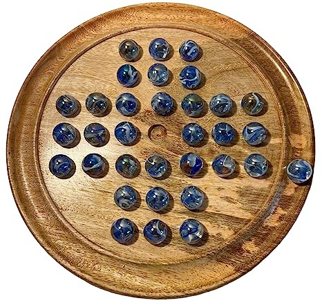 Thorness Solitär-Brettspiel aus Holz mit Glasmurmeln, 30 cm Durchmesser, klassisches Solitär-Spiel aus Holz, Strategie-Brettspiel, Familien-Brettspiel, Spiele für einen, Brettspiele, Braun