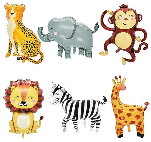 6 Pièces Jungle Safari Ballons,Ballons De Baudruche Animaux,Géant Animal Feuille D'aluminium,3D Lion,Léopard,Girafe,Zèbre,éléphant,Singe,Thème Fête Décoration,Pour anniversaire d'enfant