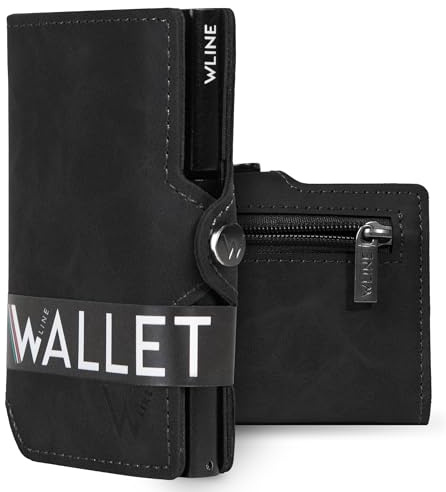 WLine Portafoglio Uomo Slim con Portamonete Rfid Compatto ed Elegante - Porta Carte di Credito Uomo e Donna Schermato in Pelle PU - Portatessere Uomo Tascabile (Nero Vintage con Zip)