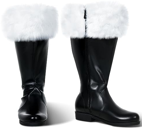 Liitrsh Christmas Santa Claus Boots Men's Wide Calf Santa Combat Boots with White Plush Cuffs Foot Bells Buckle Strap for Halloween Christmas Costume(Black,US 8-9,Classic)