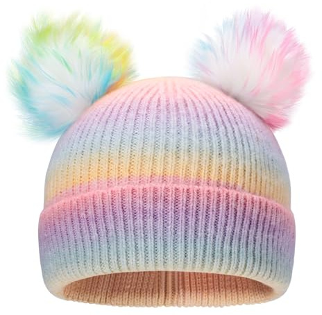 ACTLATI Kids Winter Knitted Colorful Pompom Beanie Hat Outdoor Ski Hat for Big Girl Ages 7-12