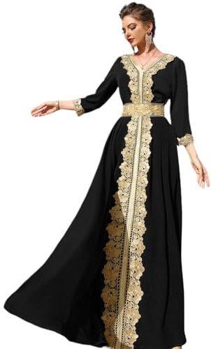 Odizli Vestido largo para mujer árabe de Dubai, elegante de manga larga con escote en V, flores, encaje, bordado, strass, vestido de noche musulmán, Negro , XL