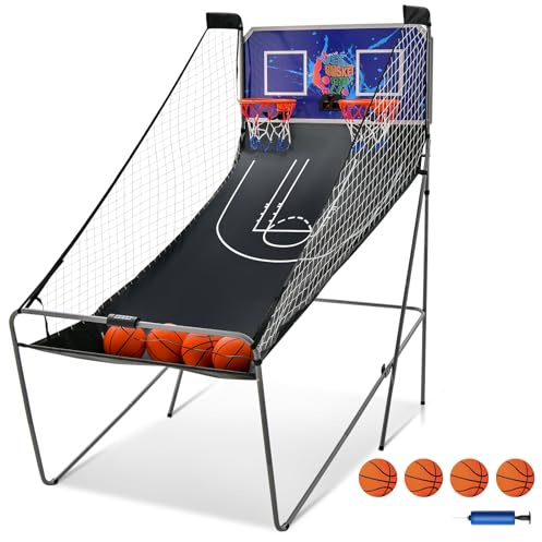 KOMFOTTEU Juego de Canasta de Baloncesto, Arcade Plegable de Doble Canasta con Contador Electrónico, 8 en 1 Máquina de Tiro de Baloncesto con 4 Pelotas y Bomba, 202 x 107 x 205 cm (Azul)