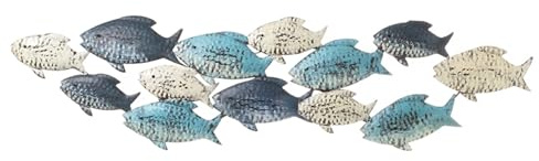 ETC dekorative Wanddeko maritimes Wandobjekt aus Metall Motiv Fische im großen Schwarm grau-weiß-blau shabby Optik