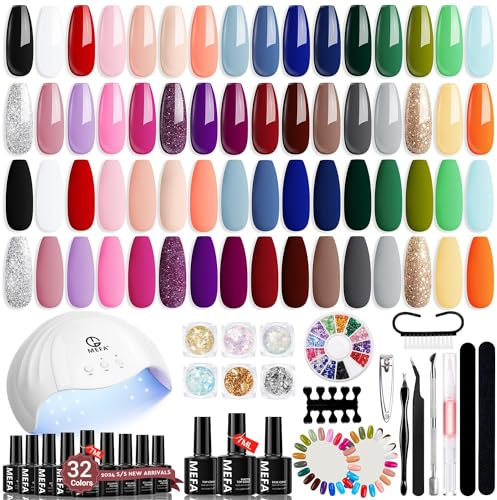 MEFA 54 Pcs Gel Nail Kit with 48W UV Lamp, 32 Colors Pink Red Blue Gel Nail Polish Set with Matte Glossy Top Base Coat Manicure Tools Nail Art Decorations DIY Salon Home