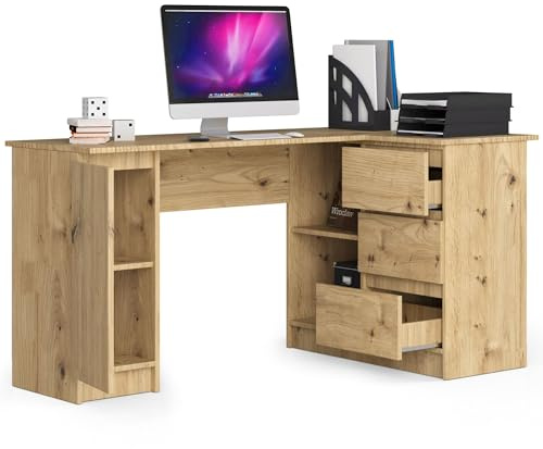 BDW Hörnskrivbord höger, 3 lådor och 4 hyllplan, gott om plats att breda ut sig, för ungdomsrum, kontor och ateljéer, datorskrivbord, arbetsbord, kontorsskrivbord, 155x77x90, ek Artisan