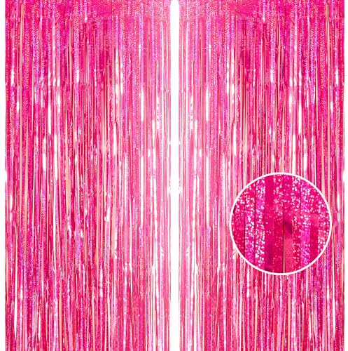 2pcs 3.2 x 8.3ft Glitter Hot Pink Tinsel Curtain Foil Curtain Decorations Metallic Tinsel Door Hanging Foil Flow Silk Streamers Photo Backdrop Decoration for Flamingo Birthday Disco Girls Party Decor