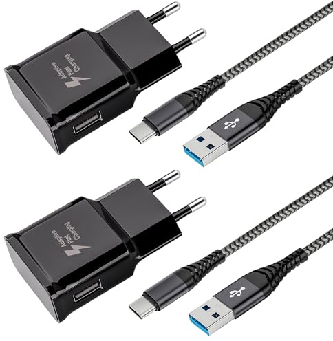Caricabatterie per Samsung, 2 Pack Caricatore USB Ricarica Rapida e Cavo Tipo C Nylon 2M per Samsung Galaxy A15 A14 A13 A04s A55 A35 A34 A25 A23 A53 S10 S9 S8 S20 M34, Carica Batterie Cellulare