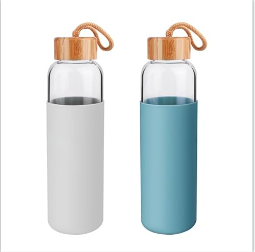 Lily's Home Borosilicate Glass Water Bottles Set of 2 - Glass Water Bottle Set. (18 oz) Glass Bottles with Lids (Bamboo, Leakproof Seal), BPA Free, Silicone Sleeves to Avoid Drops & Bumps