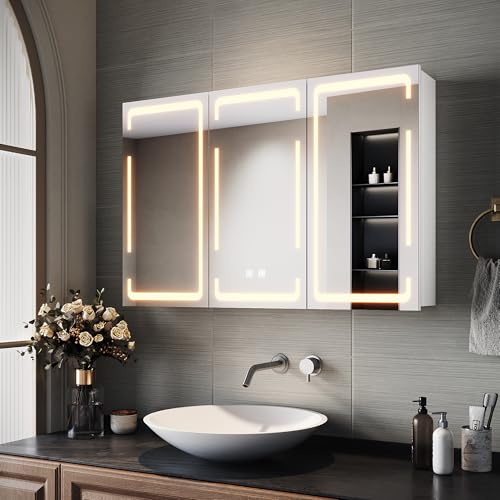 SIRHONA Armadietto da bagno a specchio con 4 ripiani regolabili, armadio da bagno bianco a 3 ante per farmacia da parete con funzione disappannamento e memoria, 90 x 60 x 14 cm
