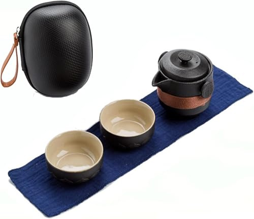 Portable Travel Ceramic Tea Set Chinese Kung Fu Teapot with 1 Pot 2 Cups All in One Gift Bag for Travel, Home, Picnic, Outdoor and Office