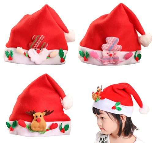 Mikiuly Sombreros Navideños, Gorro de Navidad, Gorro de Papá Noel, Gorros Navideños, Gorros Navideños para Niños, Unisex Sombreros Rojos de Navidad, para Fiesta Festiva de Año Nuevo, 3 Piezas