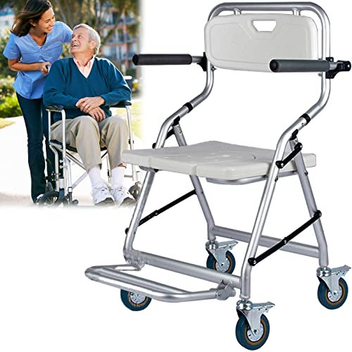 HPTHLY Duschstuhl mit Rädern, Rutschfester Duschsitz für Senioren und Behinderte, Toilettenstuhl mit Pedalen und U-förmiger Sitzplatte, Platzsparen,